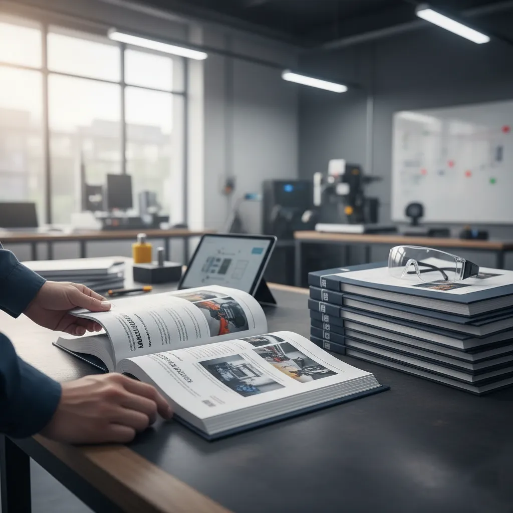 Fotografía de una impresión de folletos y manuales de Artes Gráficas Carnevali en el escritorio de una oficina.